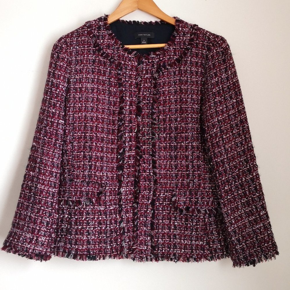 Like New Ann Taylor Fringe Burgundy Tweed Blazer Size 10